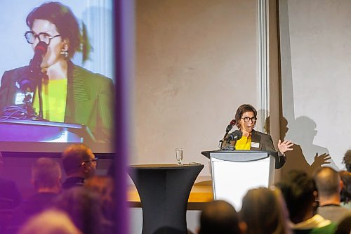 MIKE DEAL / FREE PRESS
Katarina Kupca, Chair of the Manitoba Arts Council, speaks at the event where the organization released an arts and culture economic impact study and poll during its annual public meeting held at the Canadian Museum for Human Rights on Monday.
Reporter: Eva Wasney
251020 - Monday, October 20, 2025.