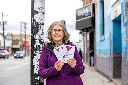 MIKAELA MACKENZIE / FREE PRESS
Linda Olson, who is organizing the first ever AudiArts Festival at the Gargoyle Theatre, outside of the theatre on Ellice Avenue on Tuesday, Oct. 21, 2025. 
For Ben Waldman story.
Free Press 2025