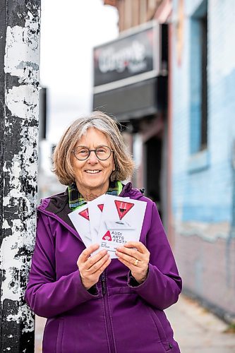 MIKAELA MACKENZIE / FREE PRESS
Linda Olson, who is organizing the first ever AudiArts Festival at the Gargoyle Theatre, outside of the theatre on Ellice Avenue on Tuesday, Oct. 21, 2025. 
For Ben Waldman story.
Free Press 2025