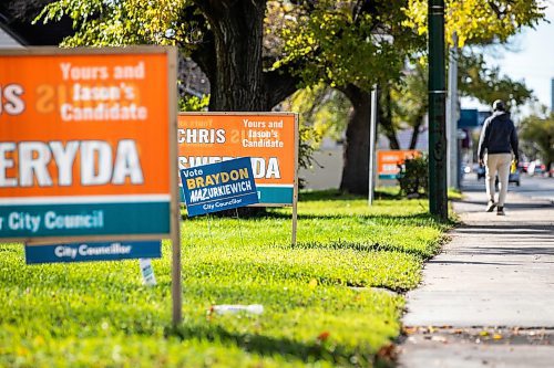 MIKAELA MACKENZIE / FREE PRESS
Elmwood byelection candidate lawn signs on Thursday, Oct. 23, 2025. 
For Joyanne story.
Free Press 2025