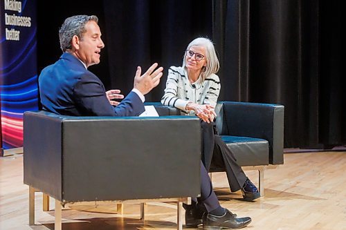 MIKE DEAL / FREE PRESS
BDC President and CEO Isabelle Hudon, speaks during the Winnipeg Chamber of Commerce event being held at WAG-Qaumajuq Thursday morning.
Isabelle also had a conversation with Chamber President and CEO Loren Remillard, that explored insights from the BDC State of Entrepreneurship 2025 Report that was released this past Monday.
Reporter: Gabrielle Piche
251023 - Thursday, October 23, 2025.
