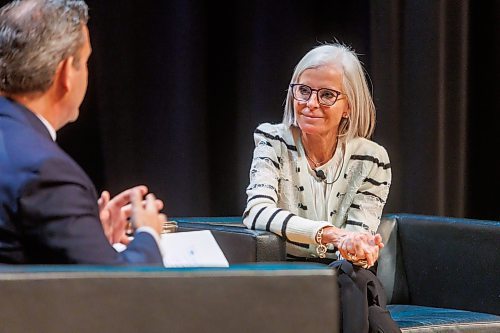 MIKE DEAL / FREE PRESS
BDC President and CEO Isabelle Hudon, speaks during the Winnipeg Chamber of Commerce event being held at WAG-Qaumajuq Thursday morning.
Isabelle also had a conversation with Chamber President and CEO Loren Remillard, that explored insights from the BDC State of Entrepreneurship 2025 Report that was released this past Monday.
Reporter: Gabrielle Piche
251023 - Thursday, October 23, 2025.