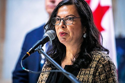 MIKAELA MACKENZIE / FREE PRESS
Rebeccaʃhartrand, minister of northern affairs, speaks at the under-construction Wehwehneh Bahgahkinahgohnʢuilding on Friday, Oct. 24, 2025. 
For Tyler/feature story.
Free Press 2025