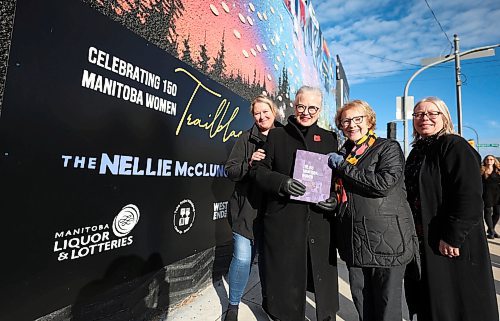 Ruth Bonneville / Free Press 
LOCAL STDUP - McClung stdup
Photo of mural artist Mandy Van Leeuwen (left) with two members of the Nellie McClung Society Doris Mae Oulton   and Lila Goodspeed Everett (with book) and Lisa Goss with Morning Star Consulting (right), celebrating the unveiling of the new mural celebrating Manitoba Women. 
A beautiful mural dedicated to the Nellie McClung Foundation and 150 inspiring women  was unveiled outside of Charitos Salon on the corner of Arlington and Sargent with Tom Ethans, Executive Director of Take Pride Winnipeg Inc.Winnipeg Friday. 
Oct 24, 2025