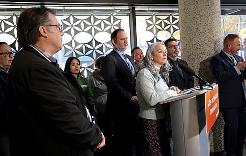 Ruth Bonneville / Free Press 
LOCAL - safer downtown
Justice Minister Matt Wiebe
Families Minister Nahanni Fontaine
Greg Burnett, executive director, Downtown Community Safety Partnership and others announce a new resource space in the Lobby, of the Millennium Library, Friday.
Oct 24, 2025