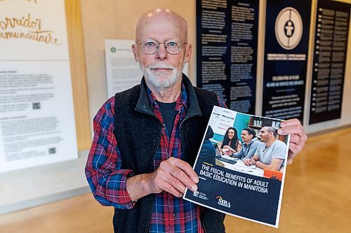 MIKE DEAL / FREE PRESS
Jim Silver holds a copy of the study he wrote for the Canadian Centre for Policy Alternatives - Manitoba, entitled "The Fiscal Benefits of Adult Basic Education in Manitoba" that was released at the Adult Secondary Education Council conference being held at the Canadian Museum of Human Rights Thursday morning.
Reporter: Maggie Macintosh
251023 - Thursday, October 23, 2025.