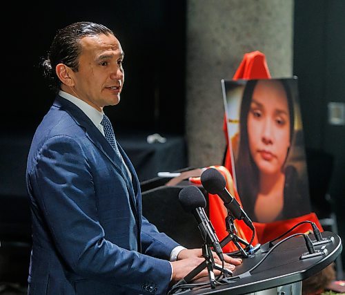 MIKE DEAL / FREE PRESS
Premier Wab Kinew speaks during the event.
Grand Chiefs, Provincial and Civic representatives, including Premier Wab Kinew were on hand as the new Winnipeg Police Chief, Gene Bowers, identified the first victim of a Winnipeg serial killer, previously known as Mashkode Bizhiki’ikwe, or Buffalo Woman, as Ashlee Christine Shingoose at an afternoon press conference that was moved to a larger venue to accommodate everyone who wanted to attend. The Police Chief also said they believe her remains were taken to the Brady Road landfill.
250326 - Wednesday, March 26, 2025.