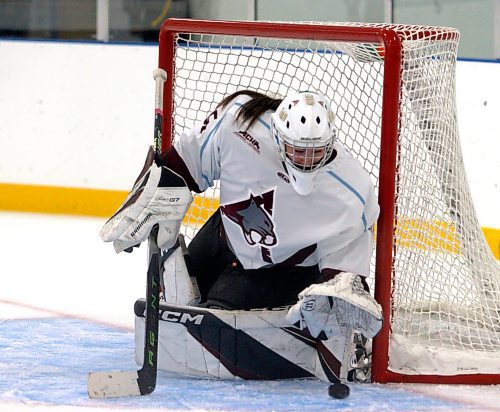 Cougars second-year netminder Rachel Halldorson (35) looks to trap the loose puck against the Jamestown Jimmies. (Massimo De Luca-Taronno/The Brandon Sun)