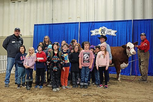 29102025
Grades 3-4 students from Austin Elementary School pose for photos with the fullblood simmental from Twin Meadow Livestock that they ‘won’ in a pretend cattle action at the first day of Manitoba AG EX at the Keystone Centre.
(Tim Smith/The Brandon Sun)