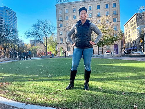 Ruth Bonneville / Free Press
LOCAL STDUP - Old Market Square
Photo of Councillor Vivian Santos, Point Douglas, showing off the new turf at Old Market Square after ribbon-cutting Tuesday.
The city has swapped the grassy area at Old Market Square for artificial turf. Coun. Vivian Santos said the grass in front of the Cube stage couldn’t withstand the repeated, heavy use from the he several events the area hosts annually and that it was too costly to maintain.
“By investing in artificial turf, we’ve created a more durable, economical and welcoming space that can handle the thousands of people who enjoy this spot every season,” Santos said in a news release Tuesday.
Oct 07, 2025
