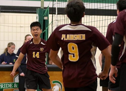 Huasheng Liu celebrates scoring the winning point of a four-set Crocus Plainsmen upset victory over the No. 2-seed Neelin Spartans. Neelin fought off four match points to tie the fourth set 24-24 before Crocus closed it out two points later with Liu's powerful attack. Karter Callahan had a match-high 16 kills for Crocus, with Myles Sobchuk adding nine kills. (Thomas Friesen/The Brandon Sun)