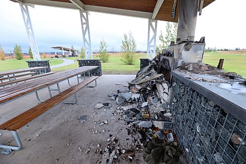 The remains of the fireplace at the picnic shelter. Fire officials and an insurance company are investigating the incident. (Matt Goerzen/The Brandon Sun)