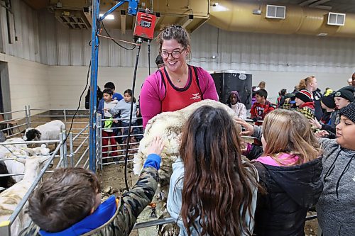 29102025
Bethan Lewis with Cross Creek Farm in Alexander shows grade four students from Earl Oxford School freshly shorn sheep wool during day one of Manitoba AG EX, the all-breed cattle show runs until Saturday.
(Tim Smith/The Brandon Sun)