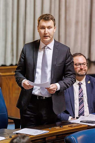 MIKE DEAL / FREE PRESS
PC MLA Josh Guenter (Borderland), points to a recent opinion poll that suggested 43 per cent of people aged 18 to 34 would consider annexation if offered U.S. citizenship and conversion of Canadian financial assets to U.S. dollars. Guenter said it’s no wonder, given issues such as high household debt and lower wages in Canada. The remarks were made during his member statement in the chamber when the the spring session began on Wednesday.
Reporter: Carol Sanders Maggie Macintosh
250305 - Wednesday, March 05, 2025.