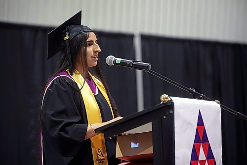 30102025
Valedictorian Jaskomalveer Kaur delivers her address during Assiniboine College’s annual fall graduation ceremony at the Keystone Centre’s Manitoba Room on Thursday. Close to 500 graduates received diplomas in over 37 different programs and areas of study.
(Tim Smith/The Brandon Sun)
