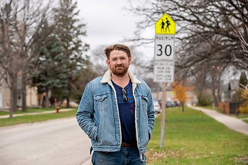 BROOK JONES/FREE PRESS
School trustee for Louis Riel School Division, Ward 3, Ryan Palmquist is advocating along with other school trustees for a sweeping re-design of the 30 km/h speed limit in school zones. Palmquist is pictured along Varennes Avenue in Winnipeg, Man., Thursday, Oct. 30, 2025.