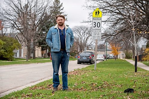 BROOK JONES/FREE PRESS
School trustee for Louis Riel School Division, Ward 3, Ryan Palmquist is advocating along with other school trustees for a sweeping re-design of the 30 km/h speed limit in school zones. Palmquist is pictured along Varennes Avenue in Winnipeg, Man., Thursday, Oct. 30, 2025.