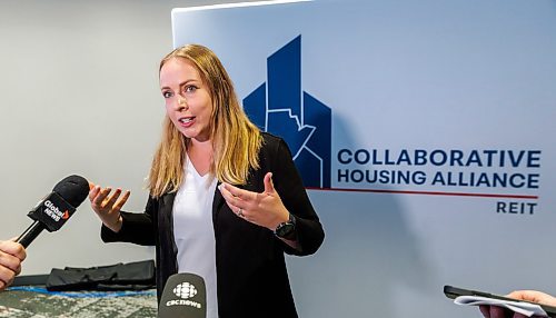 MIKE DEAL / FREE PRESS
Tessa Blaikie Whitecloud, Premier’s Senior Advisor on Ending Chronic Homelessness, Province of Manitoba speaks after the Collaborative Housing Alliance REIT (CHAR) announced its first major private investment of $7M from True North Sports and Entertainment and the Mahon Family Foundation during an event at Canada Life, 100 Osborne Street North, Tuesday morning.
Reporter: Scott Billeck
251006 - Monday, October 06, 2025.