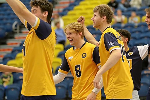 Brandon setter Kale Fisher (8) celebrates a big kill against the Mount Royal Cougars during Canada West men's volleyball action at the Healthy Living Centre on Saturday. (Thomas Friesen/The Brandon Sun)