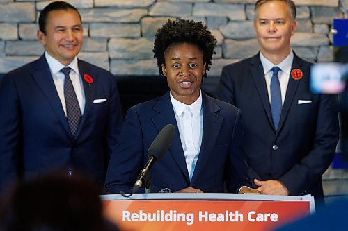 MIKE DEAL / FREE PRESS
Premier Wab Kinew and Health, Seniors and Long-Term Care Minister Uzoma Asagwara announce that the government has been expanding hospital capacity across the province with 323 fully staffed beds since October 2023, including 10 new intensive care unit (ICU) beds this year, during a press conference in the atrium of the St. Boniface Hospital Monday morning.
Reporter: Nicole Buffie
251103 - Monday, November 03, 2025.