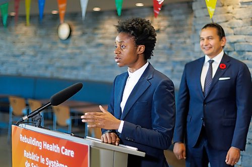MIKE DEAL / FREE PRESS
Premier Wab Kinew and Health, Seniors and Long-Term Care Minister Uzoma Asagwara announce that the government has been expanding hospital capacity across the province with 323 fully staffed beds since October 2023, including 10 new intensive care unit (ICU) beds this year, during a press conference in the atrium of the St. Boniface Hospital Monday morning.
Reporter: Nicole Buffie
251103 - Monday, November 03, 2025.