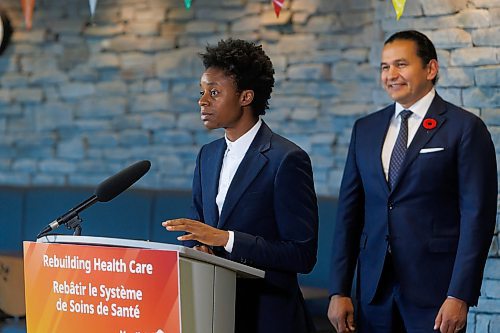 MIKE DEAL / FREE PRESS
Premier Wab Kinew and Health, Seniors and Long-Term Care Minister Uzoma Asagwara announce that the government has been expanding hospital capacity across the province with 323 fully staffed beds since October 2023, including 10 new intensive care unit (ICU) beds this year, during a press conference in the atrium of the St. Boniface Hospital Monday morning.
Reporter: Nicole Buffie
251103 - Monday, November 03, 2025.