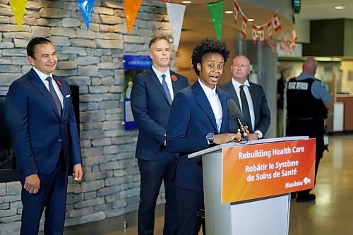 MIKE DEAL / FREE PRESS
Premier Wab Kinew and Health, Seniors and Long-Term Care Minister Uzoma Asagwara announce that the government has been expanding hospital capacity across the province with 323 fully staffed beds since October 2023, including 10 new intensive care unit (ICU) beds this year, during a press conference in the atrium of the St. Boniface Hospital Monday morning.
Reporter: Nicole Buffie
251103 - Monday, November 03, 2025.