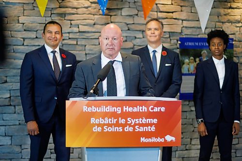 MIKE DEAL / FREE PRESS
Premier Wab Kinew and Health, Seniors and Long-Term Care Minister Uzoma Asagwara announce that the government has been expanding hospital capacity across the province with 323 fully staffed beds since October 2023, including 10 new intensive care unit (ICU) beds this year, during a press conference in the atrium of the St. Boniface Hospital Monday morning.
Reporter: Nicole Buffie
251103 - Monday, November 03, 2025.