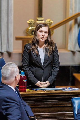 MIKE DEAL / FREE PRESS
Cindy Lamoureux of the Liberal Party of Manitoba, on her first day back after giving birth four months ago. Wednesday was the first day of the spring session of the Manitoba Legislative Assembly.
Reporter: Carol Sanders Maggie Macintosh
250305 - Wednesday, March 05, 2025.