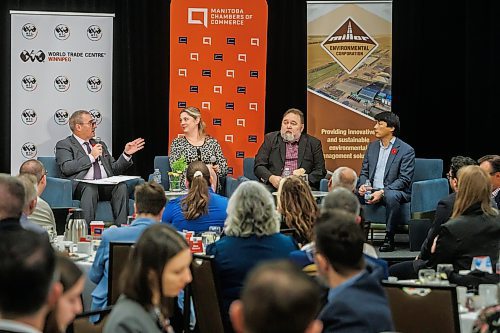 MIKE DEAL / FREE PRESS
MCC President and CEO Chuck Davidson (left) hosts a panel discussion with (from left) Carly Edmundson, CentrePort Canada Inc., David Kakuktinniq, Sakku Investments Corporation & Nukik Corporation, and Chris Avery of Arctic Gateway Group, during the Manitoba Chambers of Commerce breakfast event at the Delta Winnipeg Hotel Wednesday morning.
Reporter: Aaron Epp
251105 - Wednesday, November 05, 2025.