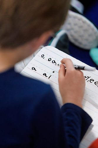 MIKE DEAL / FREE PRESS
Grade 2 student, Hank Friesen-LeDrew, 8, writes on a small whiteboard during his daily reading comprehension period in Makayla Specaluk’s Winnipeg Beach School grade 2 class Thursday morning.
Gimli-based Evergreen School Division is radically changing the way its teachers instruct students how to read. The return-to-basics program is taking place amid a controversial debate about reading instruction (structured literacy versus balanced literacy) across Manitoba and Canada at large.
Reporter: Maggie Macintosh
250123 - Thursday, January 23, 2025.