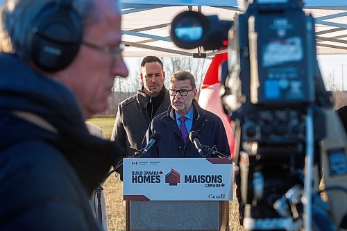 MIKE DEAL / FREE PRESS
Doug Eyolfson (centre), the MP for Winnipeg West, and Ben Carr (left), the MP for Winnipeg South Centre, announce that Build Canada Homes is accepting Requests for Qualifications (RFQ) for the partial redevelopment of the Naawi-Oodena property. The parcel on the Canada Lands Company portion of the site will deliver 320 homes.
Other VIP&#x2019;s in attendance were; Ginette Lavack, MP for St. Boniface&#x2014;St. Vital, Winnipeg Mayor, Scott Gillingham, and Chief Gordon BlueSky, Chairperson, Treaty One Nations.
Reporter: Nicole Buffie
251112 - Wednesday, November 12, 2025.