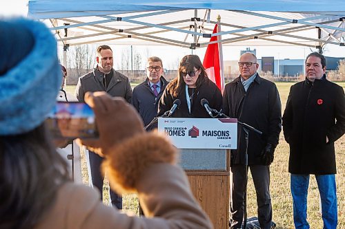 MIKE DEAL / FREE PRESS
Bernadette Smith, Minister of Housing, Addictions and Homelessness, speaks during the announcement. 
(From left) Ben Carr, the MP for Winnipeg South Centre, Doug Eyolfson, the MP for Winnipeg West, Winnipeg Mayor, Scott Gillingham, and Chief Gordon BlueSky, Chairperson, Treaty One Nations.
Doug Eyolfson, the MP for Winnipeg West, and Ben Carr, the MP for Winnipeg South Centre, announce that Build Canada Homes is accepting Requests for Qualifications (RFQ) for the partial redevelopment of the Naawi-Oodena property. The parcel on the Canada Lands Company portion of the site will deliver 320 homes.
Other VIP&#x2019;s in attendance were; Bernadette Smith, Minister of Housing, Addictions and Homelessness, Ginette Lavack, MP for St. Boniface&#x2014;St. Vital, Winnipeg Mayor, Scott Gillingham, and Chief Gordon BlueSky, Chairperson, Treaty One Nations.
Reporter: Nicole Buffie
251112 - Wednesday, November 12, 2025.