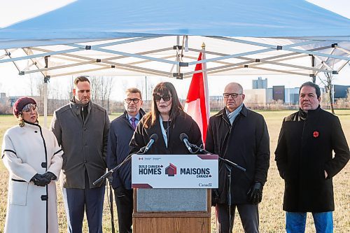 MIKE DEAL / FREE PRESS
Bernadette Smith, Minister of Housing, Addictions and Homelessness, speaks during the announcement. 
(From left) Ginette Lavack, MP for St. Boniface&#x2014;St. Vital, Ben Carr, the MP for Winnipeg South Centre, Doug Eyolfson, the MP for Winnipeg West, Winnipeg Mayor, Scott Gillingham, and Chief Gordon BlueSky, Chairperson, Treaty One Nations.
Doug Eyolfson, the MP for Winnipeg West, and Ben Carr, the MP for Winnipeg South Centre, announce that Build Canada Homes is accepting Requests for Qualifications (RFQ) for the partial redevelopment of the Naawi-Oodena property. The parcel on the Canada Lands Company portion of the site will deliver 320 homes.
Other VIP&#x2019;s in attendance were; Bernadette Smith, Minister of Housing, Addictions and Homelessness, Ginette Lavack, MP for St. Boniface&#x2014;St. Vital, Winnipeg Mayor, Scott Gillingham, and Chief Gordon BlueSky, Chairperson, Treaty One Nations.
Reporter: Nicole Buffie
251112 - Wednesday, November 12, 2025.