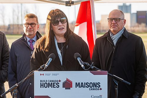 MIKE DEAL / FREE PRESS
Bernadette Smith, Minister of Housing, Addictions and Homelessness, speaks during the announcement with Doug Eyolfson (left), the MP for Winnipeg West and Mayor Scott Gillingham (right).
Doug Eyolfson, the MP for Winnipeg West, and Ben Carr, the MP for Winnipeg South Centre, announce that Build Canada Homes is accepting Requests for Qualifications (RFQ) for the partial redevelopment of the Naawi-Oodena property. The parcel on the Canada Lands Company portion of the site will deliver 320 homes.
Other VIP&#x2019;s in attendance were; Bernadette Smith, Minister of Housing, Addictions and Homelessness, Ginette Lavack, MP for St. Boniface&#x2014;St. Vital, Winnipeg Mayor, Scott Gillingham, and Chief Gordon BlueSky, Chairperson, Treaty One Nations.
Reporter: Nicole Buffie
251112 - Wednesday, November 12, 2025.