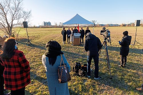 MIKE DEAL / FREE PRESS
Doug Eyolfson, the MP for Winnipeg West, and Ben Carr, the MP for Winnipeg South Centre, announce that Build Canada Homes is accepting Requests for Qualifications (RFQ) for the partial redevelopment of the Naawi-Oodena property. The parcel on the Canada Lands Company portion of the site will deliver 320 homes.
Other VIP&#x2019;s in attendance were; Ginette Lavack, MP for St. Boniface&#x2014;St. Vital, Winnipeg Mayor, Scott Gillingham, and Chief Gordon BlueSky, Chairperson, Treaty One Nations.
Reporter: Nicole Buffie
251112 - Wednesday, November 12, 2025.