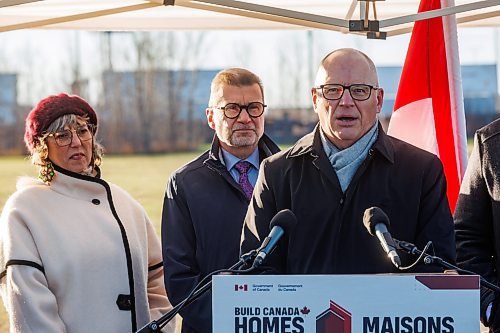 MIKE DEAL / FREE PRESS
Winnipeg Mayor, Scott Gillingham, speaks during the event.
(From left) Ginette Lavack, MP for St. Boniface&#x2014;St. Vital, and Doug Eyolfson, the MP for Winnipeg West.
Doug Eyolfson, the MP for Winnipeg West, and Ben Carr, the MP for Winnipeg South Centre, announce that Build Canada Homes is accepting Requests for Qualifications (RFQ) for the partial redevelopment of the Naawi-Oodena property. The parcel on the Canada Lands Company portion of the site will deliver 320 homes.
Other VIP&#x2019;s in attendance were; Bernadette Smith, Minister of Housing, Addictions and Homelessness, Ginette Lavack, MP for St. Boniface&#x2014;St. Vital, Winnipeg Mayor, Scott Gillingham, and Chief Gordon BlueSky, Chairperson, Treaty One Nations.
Reporter: Nicole Buffie
251112 - Wednesday, November 12, 2025.