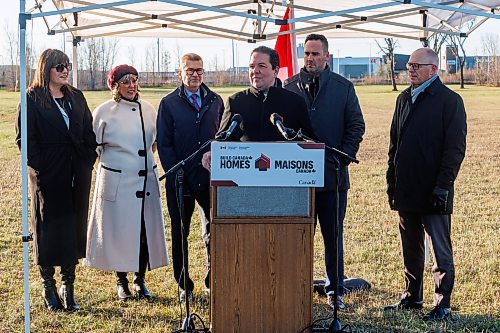 MIKE DEAL / FREE PRESS
Chief Gordon BlueSky, Chairperson, Treaty One Nations, speaks during the announcement.
(From left) Bernadette Smith, Minister of Housing, Addictions and Homelessness, Ginette Lavack, MP for St. Boniface&#x2014;St. Vital, and Doug Eyolfson, the MP for Winnipeg West, Ben Carr, the MP for Winnipeg South Centre, and Winnipeg Mayor, Scott Gillingham.
Doug Eyolfson, the MP for Winnipeg West, and Ben Carr, the MP for Winnipeg South Centre, announce that Build Canada Homes is accepting Requests for Qualifications (RFQ) for the partial redevelopment of the Naawi-Oodena property. The parcel on the Canada Lands Company portion of the site will deliver 320 homes.
Other VIP&#x2019;s in attendance were; Bernadette Smith, Minister of Housing, Addictions and Homelessness, Ginette Lavack, MP for St. Boniface&#x2014;St. Vital, Winnipeg Mayor, Scott Gillingham, and Chief Gordon BlueSky, Chairperson, Treaty One Nations.
Reporter: Nicole Buffie
251112 - Wednesday, November 12, 2025.