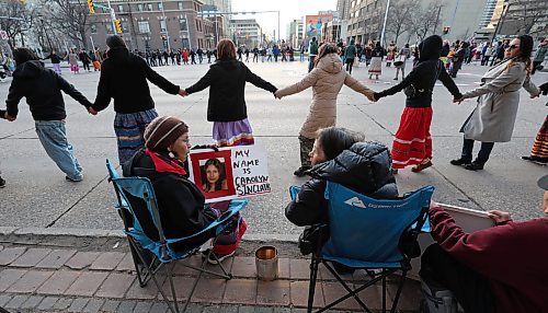 Ruth Bonneville / Free Press
LOCAL - justice rally
Photo of Families of Shawn Lamb victims and supporters in round dance with drummers in the centre of Broadway and Main Street Thursday.
Families of Shawn Lamb victims rally against his release at the corner of Broadway and Main Street outside train station Thursday.
See Story by Chris.
Nov 13th,, 2025