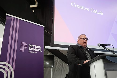 13112025
Assiniboine College President and CEO Mark Frison speaks during the opening of the college’s new Creative CoLab at the Victoria Avenue East campus on Thursday. 
(Tim Smith/The Brandon Sun)