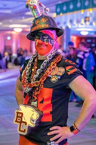 BROOK JONES/FREE PRESS
Self-proclaimed superfan Kyle Dunn, 43, who is from Surrey, B.C.., is pictured inside the Team Party Room - Spirit of Edmonton at the Grey Cup Festival at the RBC Convention Centre in Winnipeg, Man., Thursday, Nov. 13, 2025. Dunn has attended 22 Grey Cups since he was 16 years old and 22 in a row.