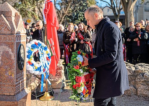 Mike Sudoma/Free Press
Prime Minister Mark Carney lays a wreath at Louis Riels grave to commemorate the 145th anniversary of his execution at the St Boniface Cathedral cemetery Sunday morning. 
November 16, 2025


