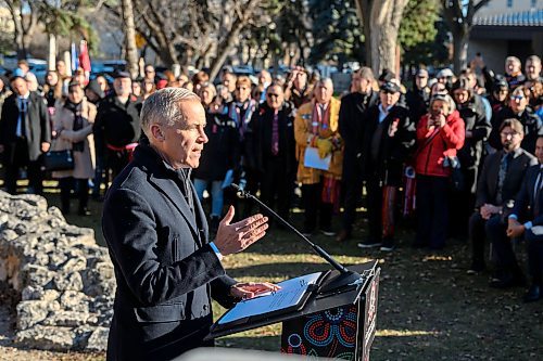 Mike Sudoma/Free Press
Prime Minister Mark Carney speaks during an event honouring Louis Riels 145th anniversary of his execution at the St Boniface Cathedral cemetery Sunday morning
November 16, 2025