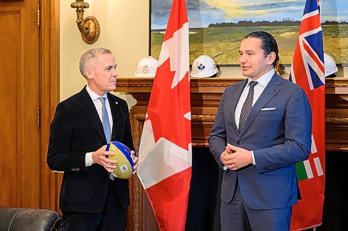 Mike Sudoma/Free Press
Prime Minister Mark Carney and Manitoba Premier Wab Kinew share a moment during a visit to the Manitoba Legislature Sunday afternoon 
November 16, 2025



