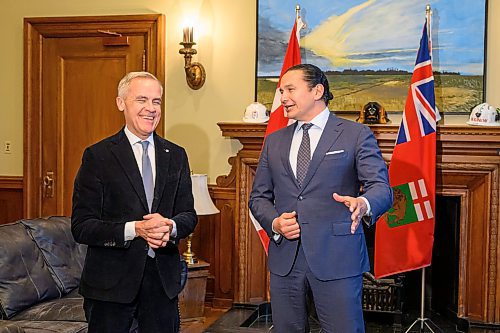 Mike Sudoma/Free Press
Prime Minister Mark Carney and Manitoba Premier Wab Kinew share a moment during a visit to the Manitoba Legislature Sunday afternoon
November 16, 2025