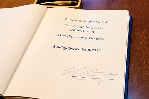 Mike Sudoma/Free Press
Prime Minister Mark Carneys signature inside the legislatives guest book during a visit to the Manitoba Legislature Sunday afternoon 
November 16, 2025


