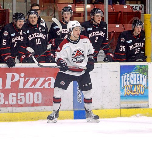Bryce Bryant awaits a pass during an Oil Capitals man advantage against the Blizzard. (Massimo De Luca-Taronno/The Brandon Sun)