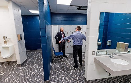 MIKE DEAL / FREE PRESS
Mayor Scott Gillingham is given a tour of the renovated facility by Chris Brown, Admin Coordinator with Recreation Service Division.
Mayor Scott Gillingham, councillor Vivian Santos (Point Douglas), Chairperson of the Standing Policy Committee on Community Services, and councillor Matt Allard (St. Boniface) celebrate the reopening of Bonivital Pool (1215 Archibald St.) after it underwent major renovations, which included accessibility upgrades in the front lobby, including new universal and gendered changerooms, a new accessible sauna, upgrades to the heating, ventilation, and air conditioning (HVAC), water heating system, and air handling unit.
Reporter: Joyanne Pursaga
251119 - Wednesday, November 19, 2025.