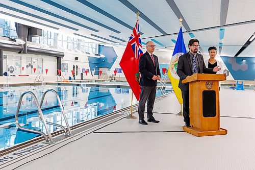 MIKE DEAL / FREE PRESS
Councillor Matt Allard (St. Boniface) speaks during the event.
Mayor Scott Gillingham, councillor Vivian Santos (Point Douglas), Chairperson of the Standing Policy Committee on Community Services, and councillor Matt Allard (St. Boniface) celebrate the reopening of Bonivital Pool (1215 Archibald St.) after it underwent major renovations, which included accessibility upgrades in the front lobby, including new universal and gendered changerooms, a new accessible sauna, upgrades to the heating, ventilation, and air conditioning (HVAC), water heating system, and air handling unit.
Reporter: Joyanne Pursaga
251119 - Wednesday, November 19, 2025.