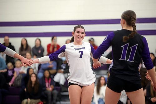 22112025
Reece Cowan #7 of the Vincent Massey Vikings celebrates a point with teammates during the Vikings match against the Steinback Sabres in the AAAA Varsity Girls Volleyball Provincials at Vincent Massey High School on Thursday.
(Tim Smith/The Brandon Sun)